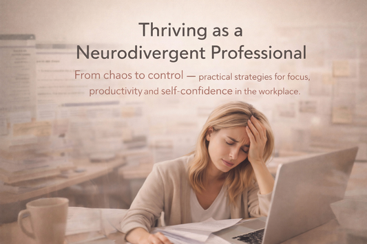 Premium eBook cover for ADHD at Work From Chaos to Focus featuring a professional workspace, glowing neural brain illustration, and modern productivity-focused design for adults with ADHD
