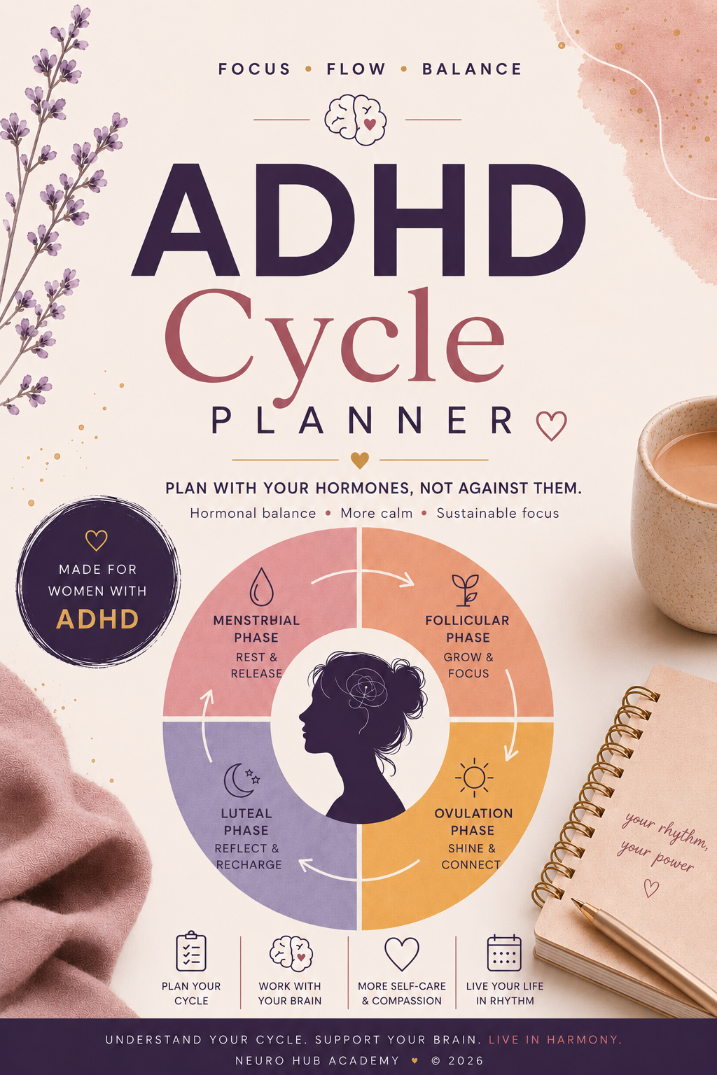 Minimal feminine ADHD planner for women with dopamine menu and self-care pages