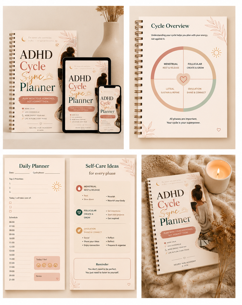 ADHD Cycle Sync Planner for Women digital PDF planner with feminine beige aesthetic and cycle syncing tools