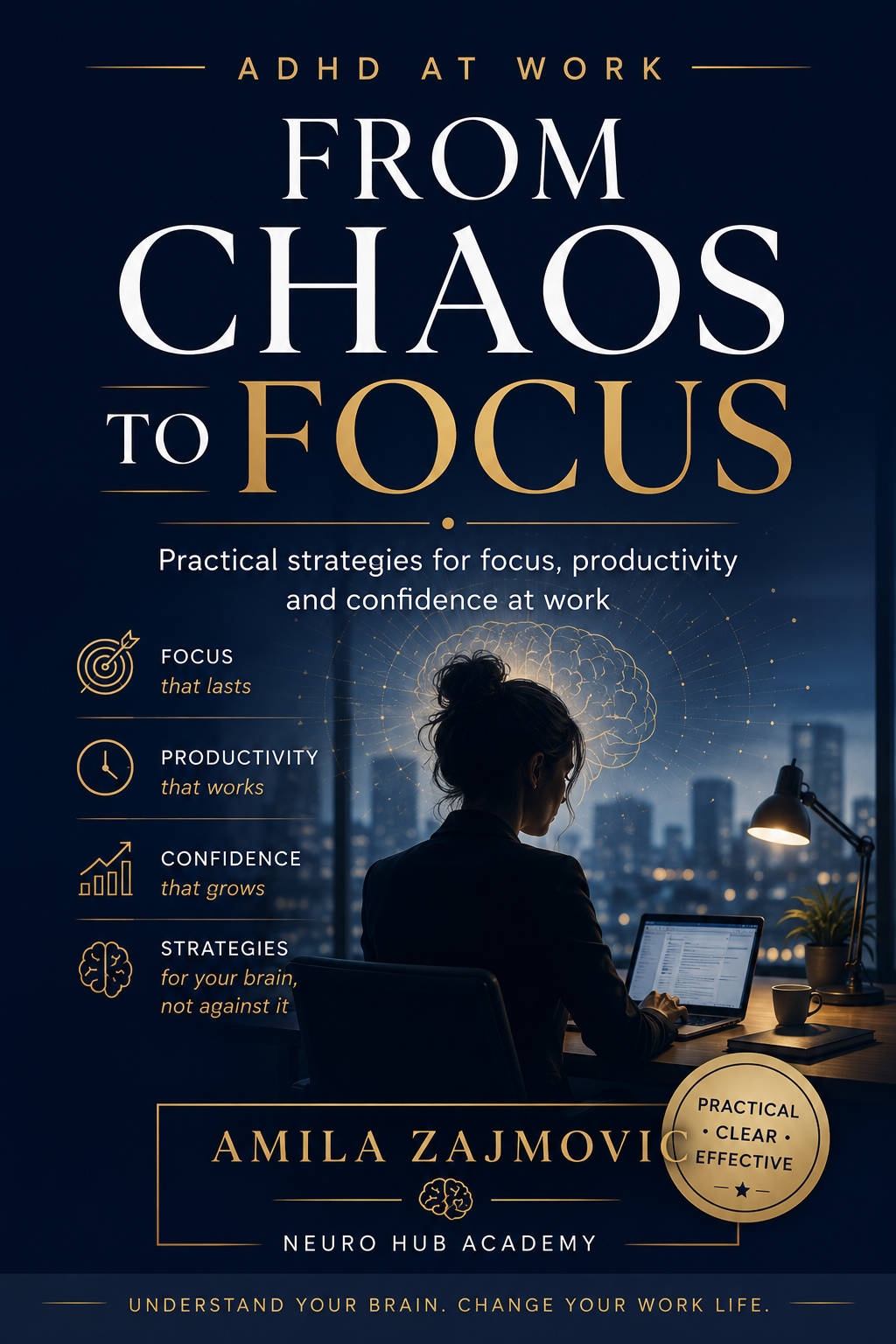 Premium eBook cover for ADHD at Work From Chaos to Focus featuring a professional workspace, glowing neural brain illustration, and modern productivity-focused design for adults with ADHD