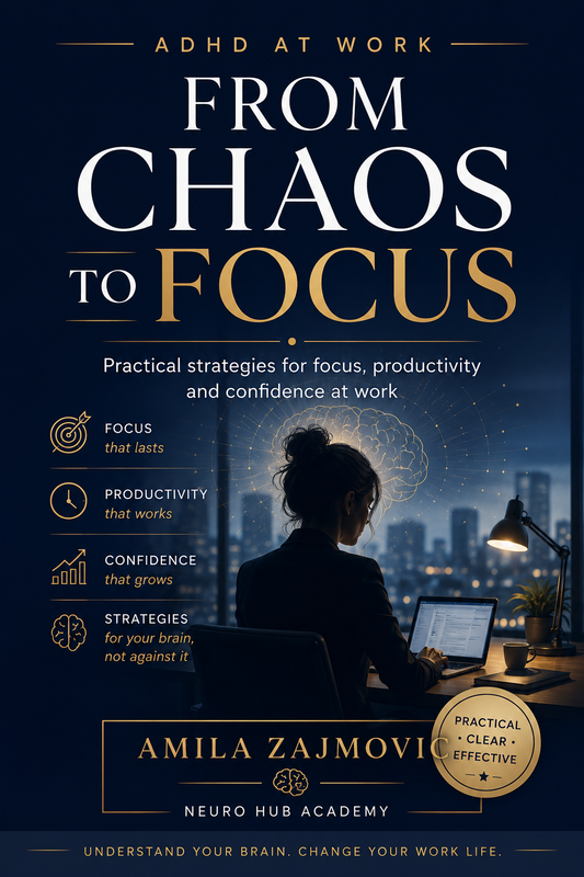 Premium eBook cover for ADHD at Work From Chaos to Focus featuring a professional workspace, glowing neural brain illustration, and modern productivity-focused design for adults with ADHD