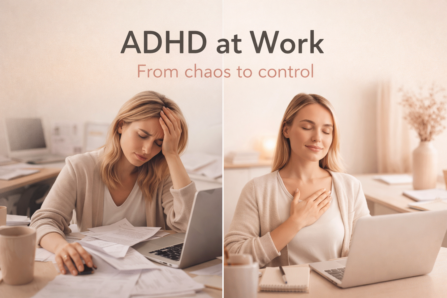 Premium eBook cover for ADHD at Work From Chaos to Focus featuring a professional workspace, glowing neural brain illustration, and modern productivity-focused design for adults with ADHD